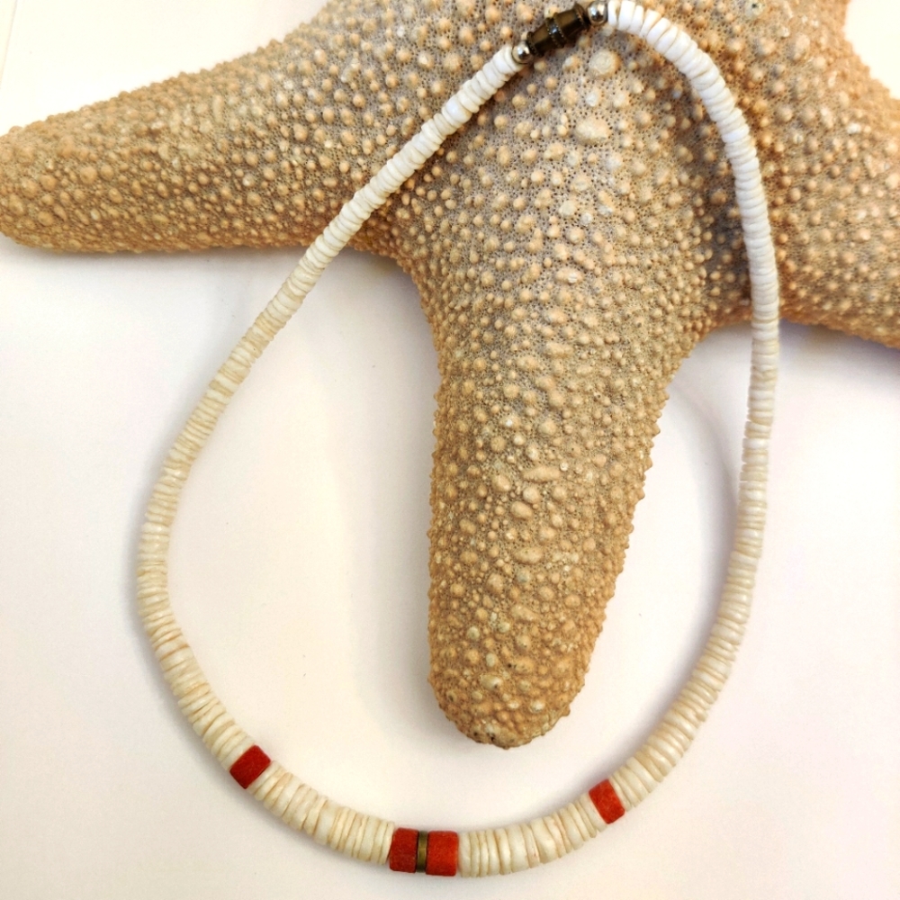 Genuine White Puka Shells and Red Coral Stems Graduated Necklace